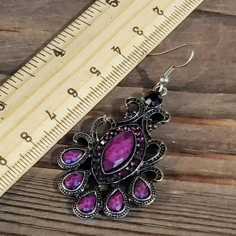 Vintage 90s Lacy Purple Marquise Antique Silver Acrylic Crystal Dangle Earrings - Picture 8 of 8